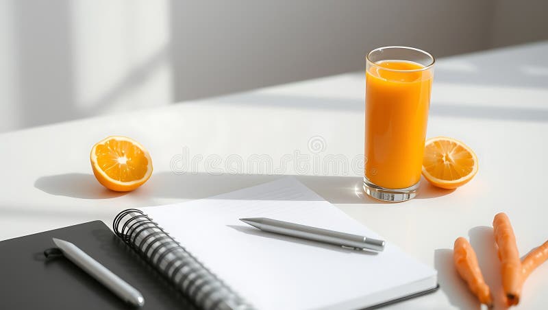 Un escritorio minimalista con un vaso de zumo de naranja de zanahoria y un portátil ilustración del vector