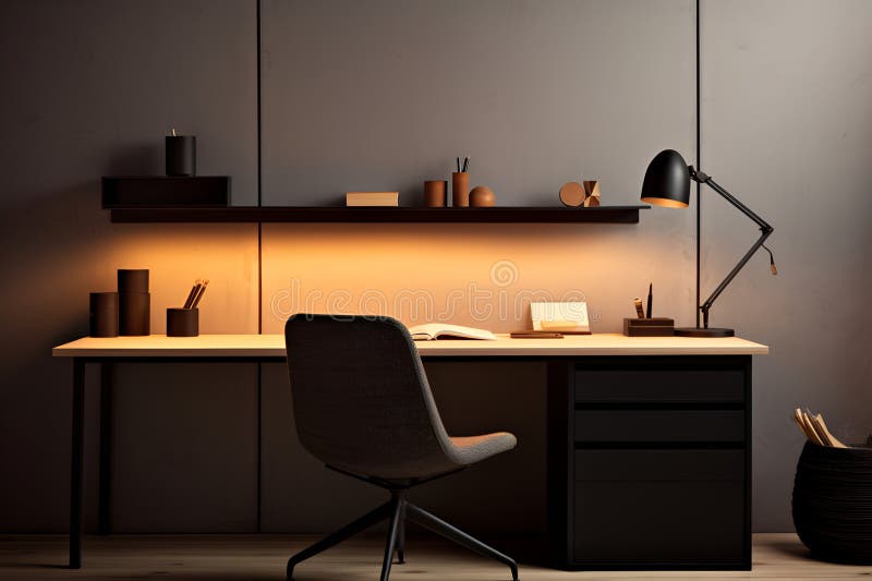 A workspace with an elegant desk and a comfortable chair. Soft lighting. AI generated. A workspace with an elegant desk and a comfortable chair. Soft lighting. AI generated