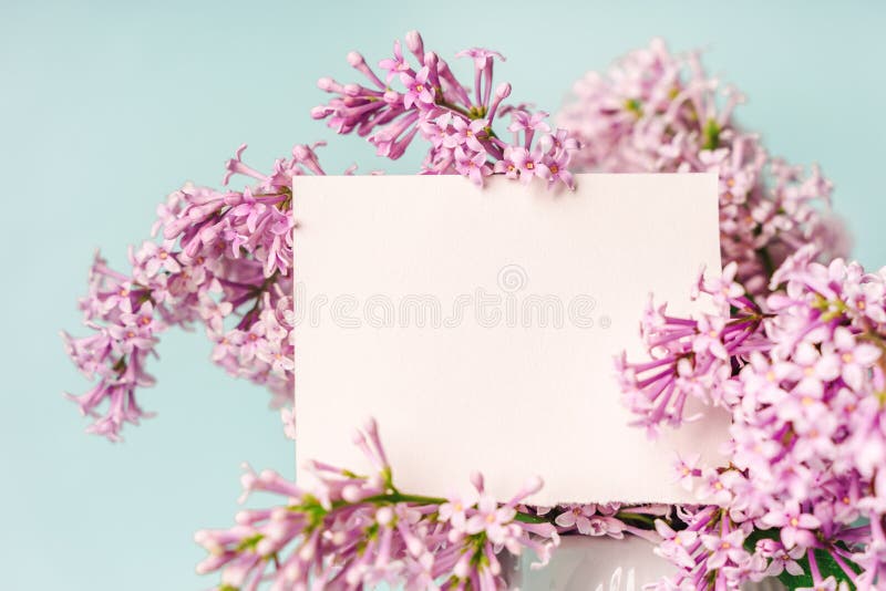 Un espace de travail avec papier de note et composition florale lilas. magnifique arrière-plan de ressort avec espace pour la vue photographie stock libre de droits