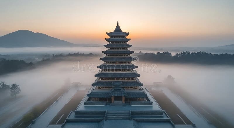 Un espléndido templo de época eleva su compleja arquitectura y se desvanece en el nebuloso abrazo de la mañana.