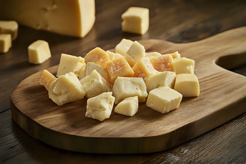 Un'esposizione iperrealistica di fette e fette di formaggio assortite su una tavola di taglio di legno rustico. concetto alimentar illustrazione di stock
