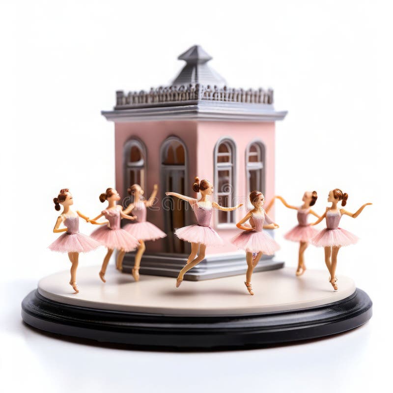 Un estudio de baile en miniatura con bailarinas diminutas y. Un viejo y pequeño udio con bailarinas diminutas y barras de ballet k uhd muy detallado qua