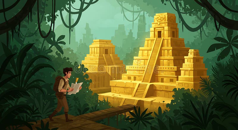 Un explorador masculino está caminando sobre un puente de madera en una densa jungla sosteniendo un mapa. El stock de ilustración
