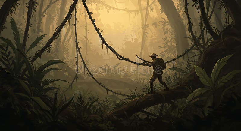 Un explorador recorre un denso paisaje de jungla generado usando ai stock de ilustración