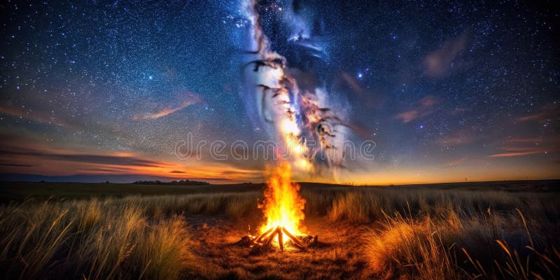 Un falò notturno in un campo erboso sotto un cielo stellato vibrante con una brillante formazione di nube cosmica eritica sopra. G royalty illustrazione gratis