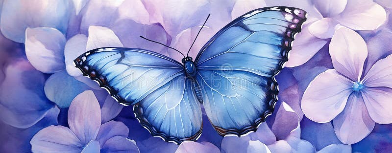 Un fluture albastru uimitor îndesat pe flori pastel delicat într-un mediu seren moale stock illustration