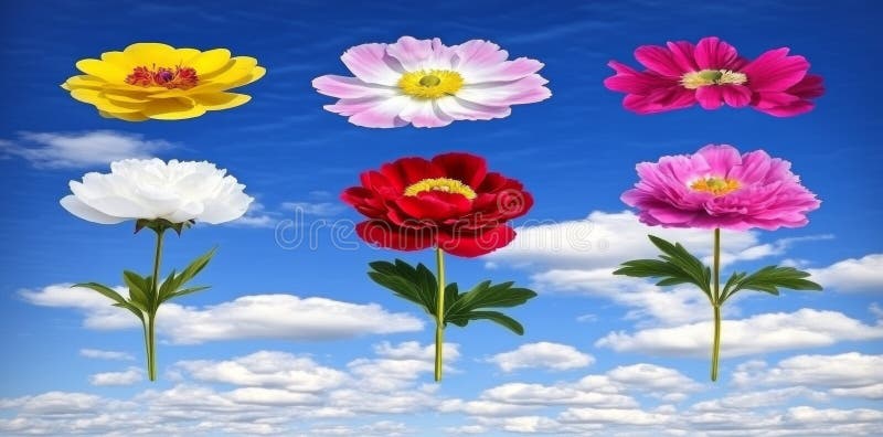 Un fond abstract izant, cu flori de pajiște proaspete, colorate, plutind în aer, puse pe un cer albastru limpede stock images