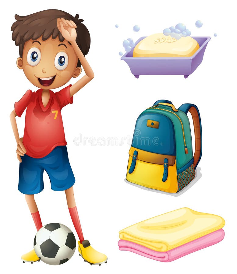 Un footballeur avec ses substances de sac à dos et de salle de bains illustration de vecteur Un footballeur avec ses substances de sac à dos et de salle de bains illustration de vecteur