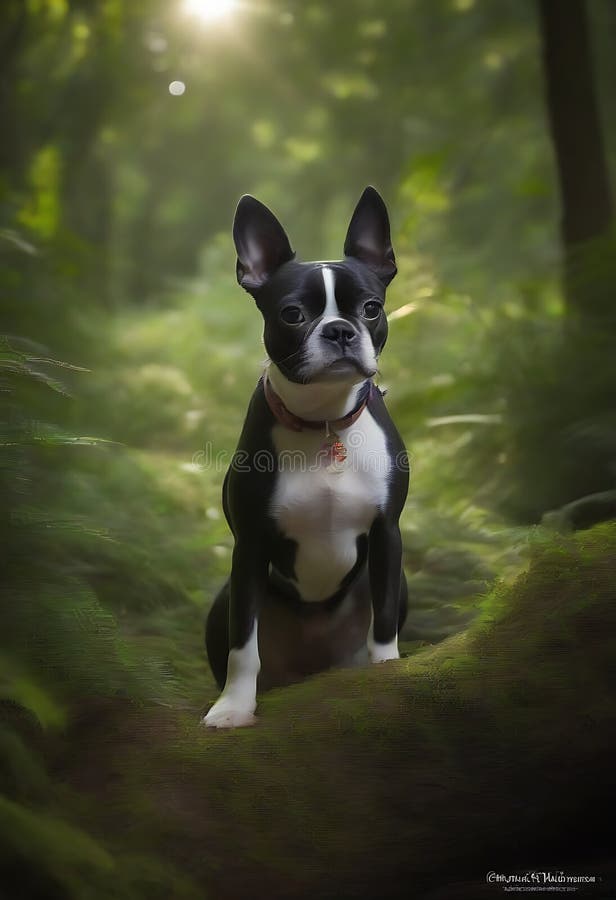 Un freddo boston terrier che esplora una foresta mistica con la luce del sole che filtrava attraverso la canopea e accende la foli illustrazione vettoriale