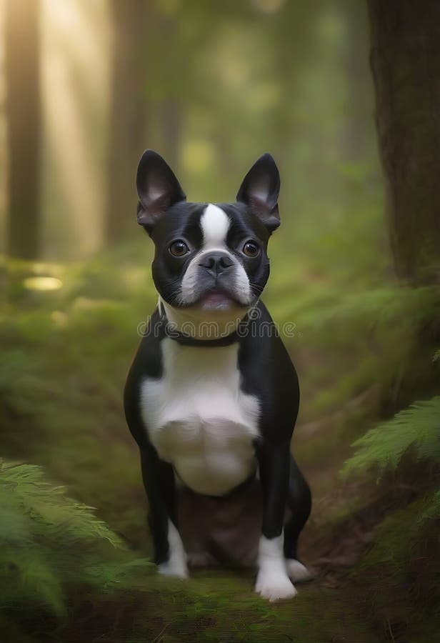 Un freddo boston terrier che esplora una foresta mistica con la luce del sole che filtrava attraverso la canopea e accende la foli illustrazione di stock