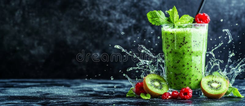 Un fresco Té Verde Kiwi Frappe con frambuesas presentadas sobre un fondo cósmico ideal para añadir texto para imagen de archivo libre de regalías