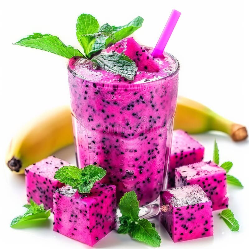 Un frullato di drago fresco di colore con acqua di cocco e banana ricoperta di drago immagine stock