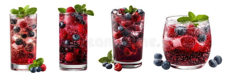 Un frullato di fragole con quattro bicchieri e un mix di mirtilli lamponi lamponi. Ai Generato illustrazione vettoriale