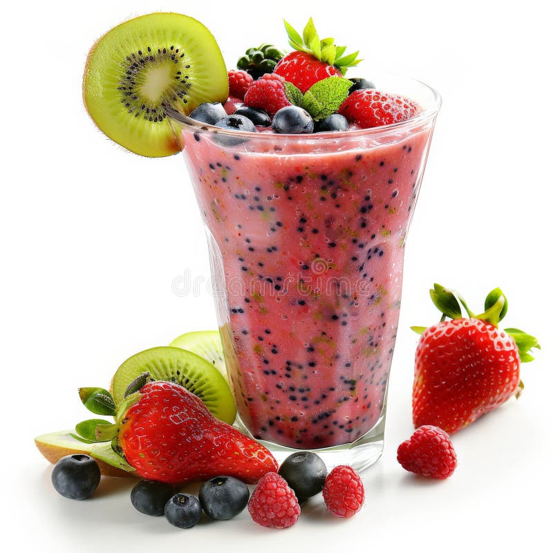 Un frullato di frutta misto a pasta sfoglia colorata, fresco, con mirtilli di fragole e kiwi rovesciati fotografie stock