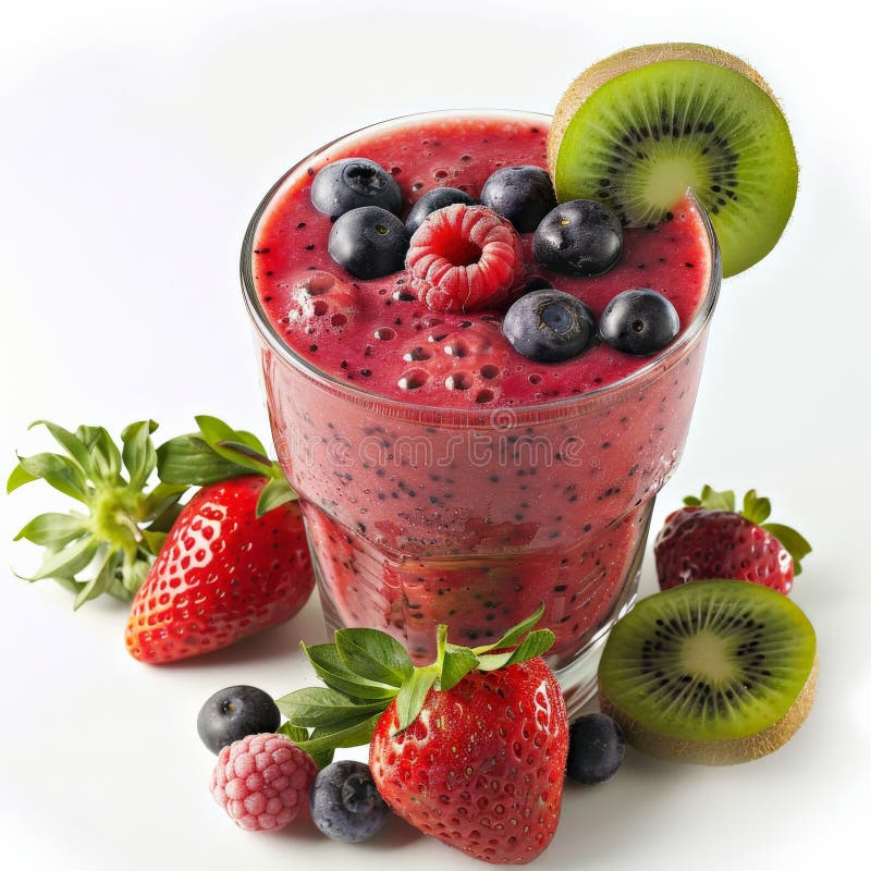 Un frullato di frutta misto a pasta sfoglia colorata, fresco, con mirtilli di fragole e kiwi rovesciati fotografia stock libera da diritti