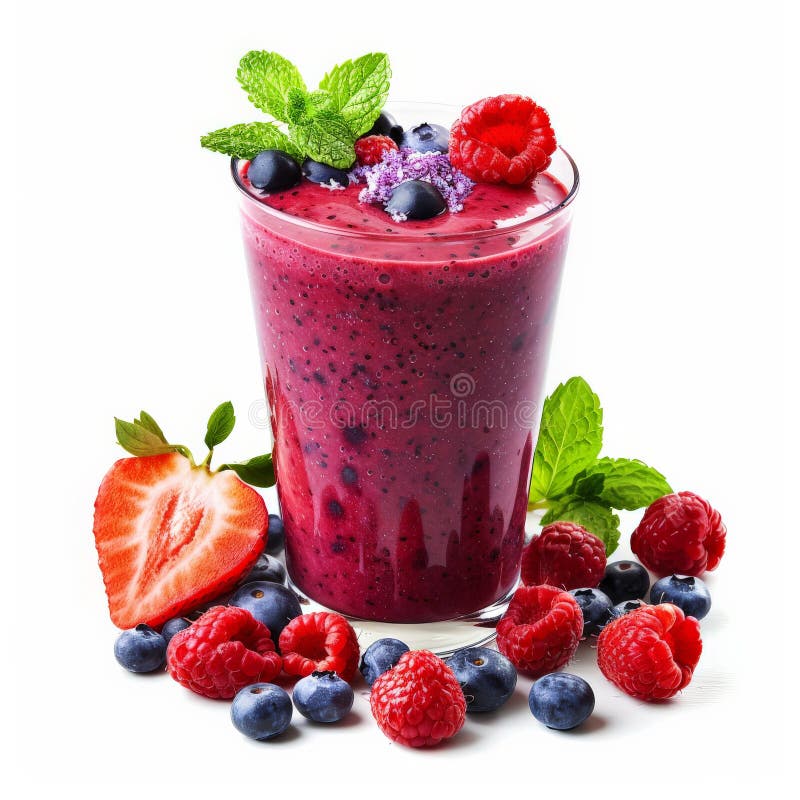 Un frullato di mirtilli semilavorati, fresco e colorato, con fragole, mirtilli e lamponi immagini stock