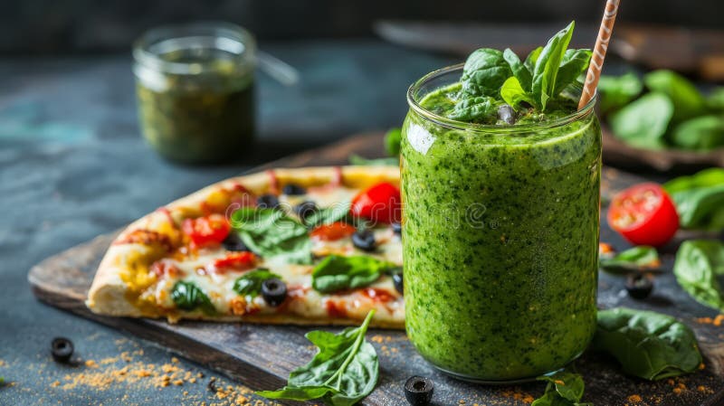 Un frullato verde vibrante con freschezza a contrasto con una fetta di pizza oleosa gocciolante con formaggio. fotografia stock libera da diritti