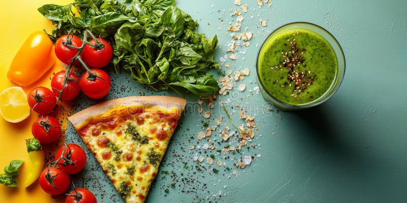 Un frullato verde vibrante con freschezza a contrasto con una fetta di pizza oleosa gocciolante con formaggio. fotografia stock libera da diritti