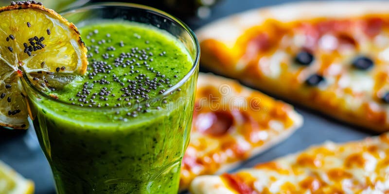 Un frullato verde vibrante con freschezza a contrasto con una fetta di pizza oleosa gocciolante con formaggio. fotografia stock libera da diritti