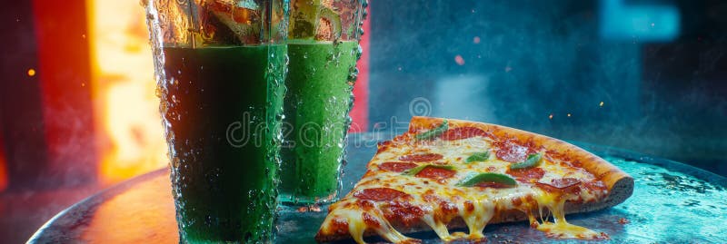 Un frullato verde vibrante con freschezza a contrasto con una fetta di pizza oleosa gocciolante con formaggio. fotografie stock libere da diritti
