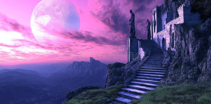 Un frumos castel vechi și lună set în mijlocul unui peisaj fantastic face pentru un fundal minunat royalty free stock images