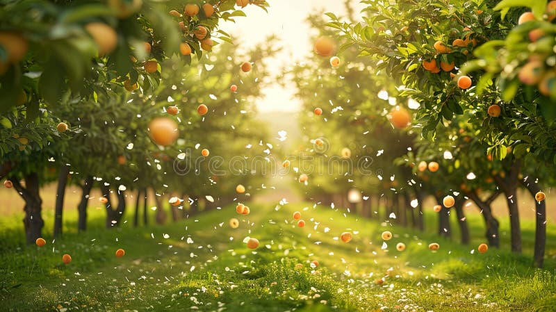 Un frutteto vivace bagnato alla luce del sole con frutti maturi che cadono dagli alberi. aizione generativa immagine stock libera da diritti