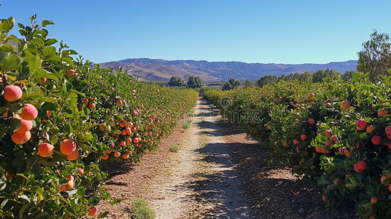 Un frutteto vivace in piena fioritura sotto un'immagine chiara del cielo blu immagini stock libere da diritti