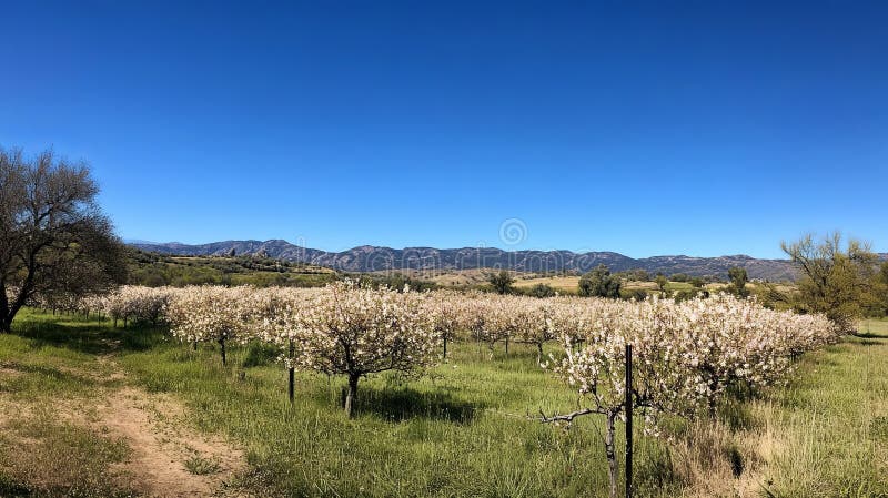 Un frutteto vivace in piena fioritura sotto un'immagine chiara del cielo blu immagine stock libera da diritti