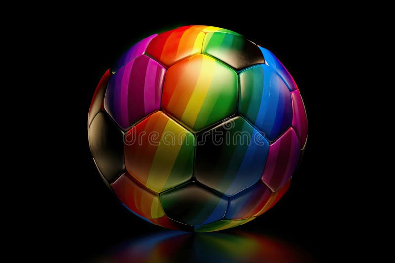 Un futbol de color arcoiris contra la ilustración de ai generada por el fondo negro. Ilustración ai generativa de una pelota de fútbol en colores arcoiris contra símbolo de fondo oscuro para lgbtq en el deporte