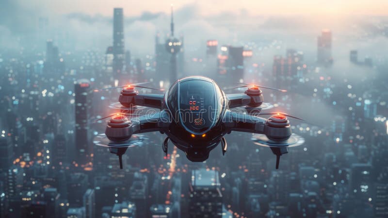 Un futuristico pilota di rastrellieri fulmina nel cielo sopra una città moderna immagini stock libere da diritti