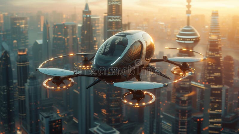Un futuristico pilota di rastrellieri fulmina nel cielo sopra una città moderna immagine stock