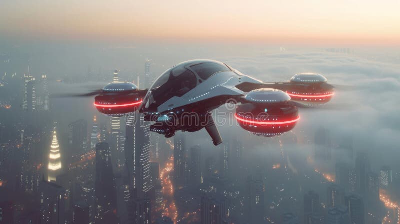 Un futuristico pilota di rastrellieri fulmina nel cielo sopra una città moderna fotografia stock libera da diritti
