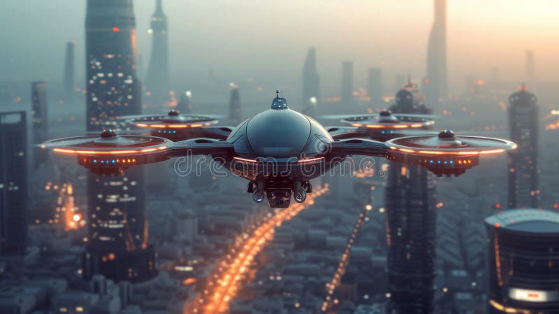 Un futuristico pilota di rastrellieri fulmina nel cielo sopra una città moderna fotografia stock libera da diritti