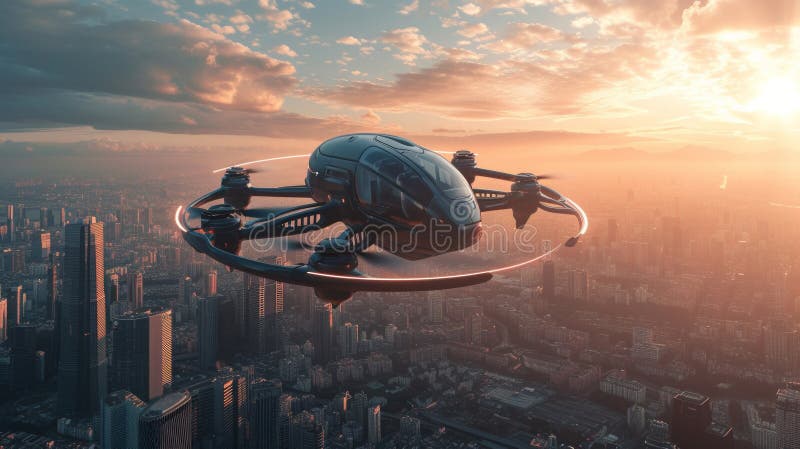 Un futuristico pilota di rastrellieri fulmina nel cielo sopra una città moderna immagine stock