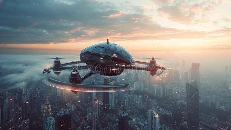 Un futuristico pilota di rastrellieri fulmina nel cielo sopra una città moderna immagini stock libere da diritti