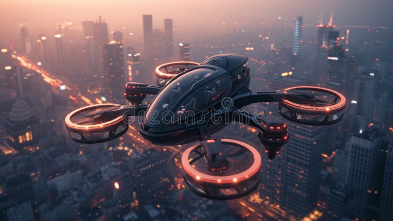 Un futuristico pilota di rastrellieri fulmina nel cielo sopra una città moderna fotografia stock libera da diritti