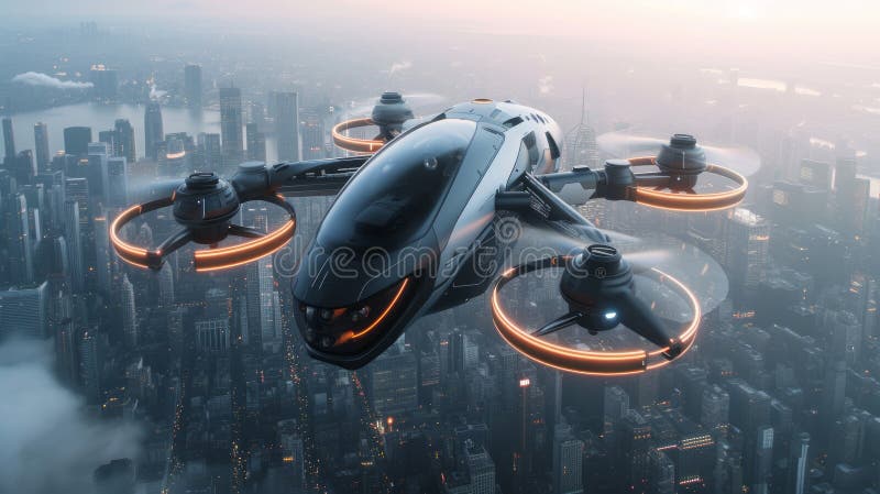 Un futuristico pilota di rastrellieri fulmina nel cielo sopra una città moderna immagini stock libere da diritti