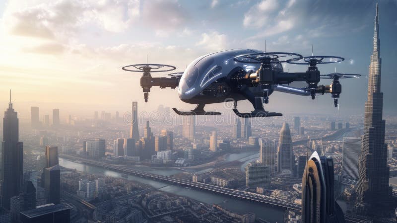 Un futuristico pilota di rastrellieri fulmina nel cielo sopra una città moderna immagine stock