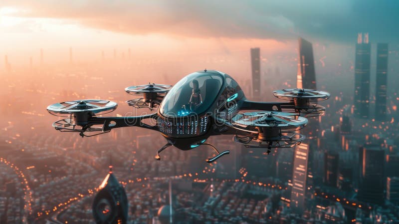 Un futuristico pilota di rastrellieri fulmina nel cielo sopra una città moderna immagini stock libere da diritti