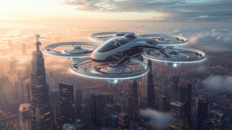 Un futuristico pilota di rastrellieri fulmina nel cielo sopra una città moderna immagini stock libere da diritti