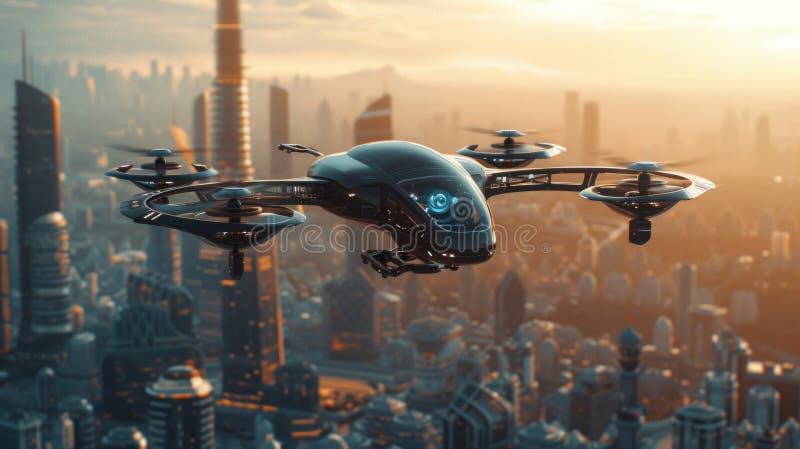 Un futuristico pilota di rastrellieri fulmina nel cielo sopra una città moderna fotografia stock