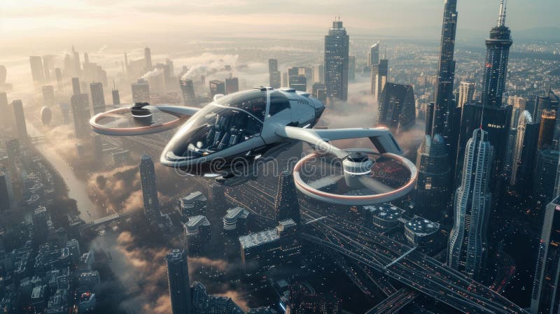 Un futuristico pilota di rastrellieri fulmina nel cielo sopra una città moderna immagine stock libera da diritti