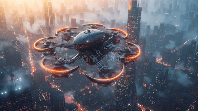 Un futuristico pilota di rastrellieri fulmina nel cielo sopra una città moderna immagine stock
