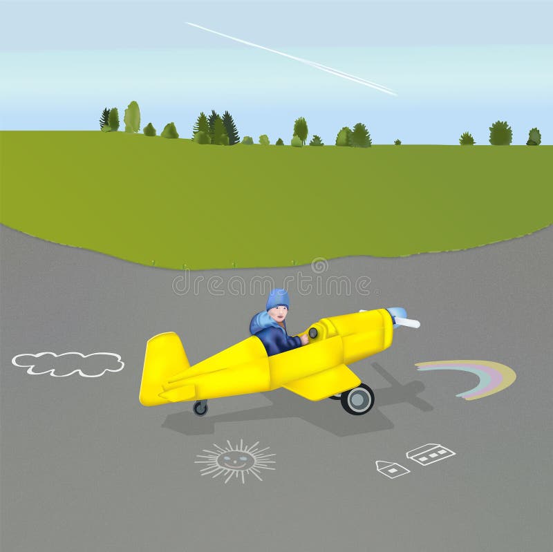 Open day at the airport.Great spring weather.Green trees and grass.There is a trace of a departed plane in the blue sky.Children drew a cloud, the sun, a rainbow and houses on the pavement.A boy in a blue jacket and hat is sitting in a yellow plane.Happy childhood dreams. Open day at the airport.Great spring weather.Green trees and grass.There is a trace of a departed plane in the blue sky.Children drew a cloud, the sun, a rainbow and houses on the pavement.A boy in a blue jacket and hat is sitting in a yellow plane.Happy childhood dreams