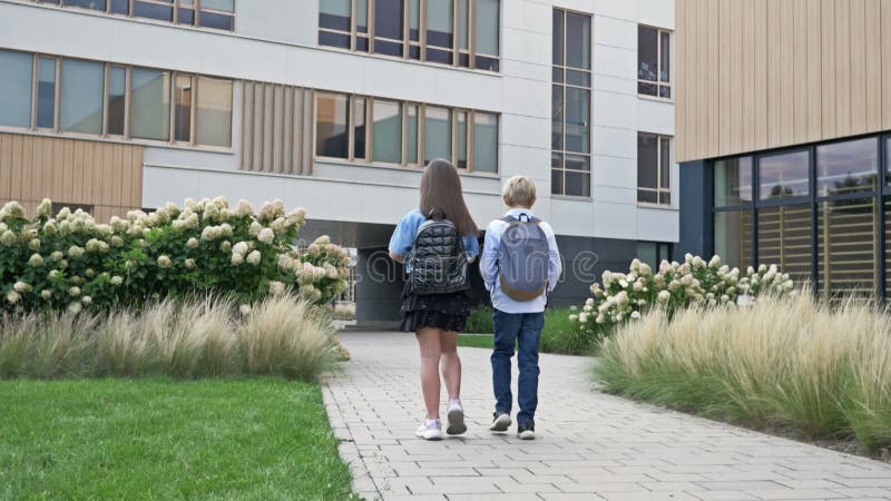 Un garçon et une fille des élèves du primaire se promènent dans la cour de l'école et parlent de quelque chose. école banque de vidéos