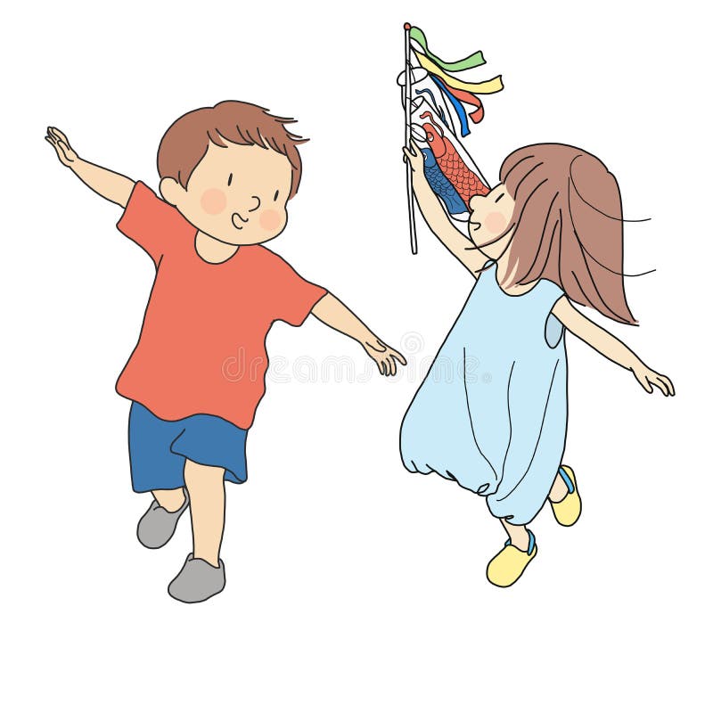 Un garçon et une fille faisant voler les flammes colorées de carpe dans le vent pour célébrer le dessin de personnage de dessin an