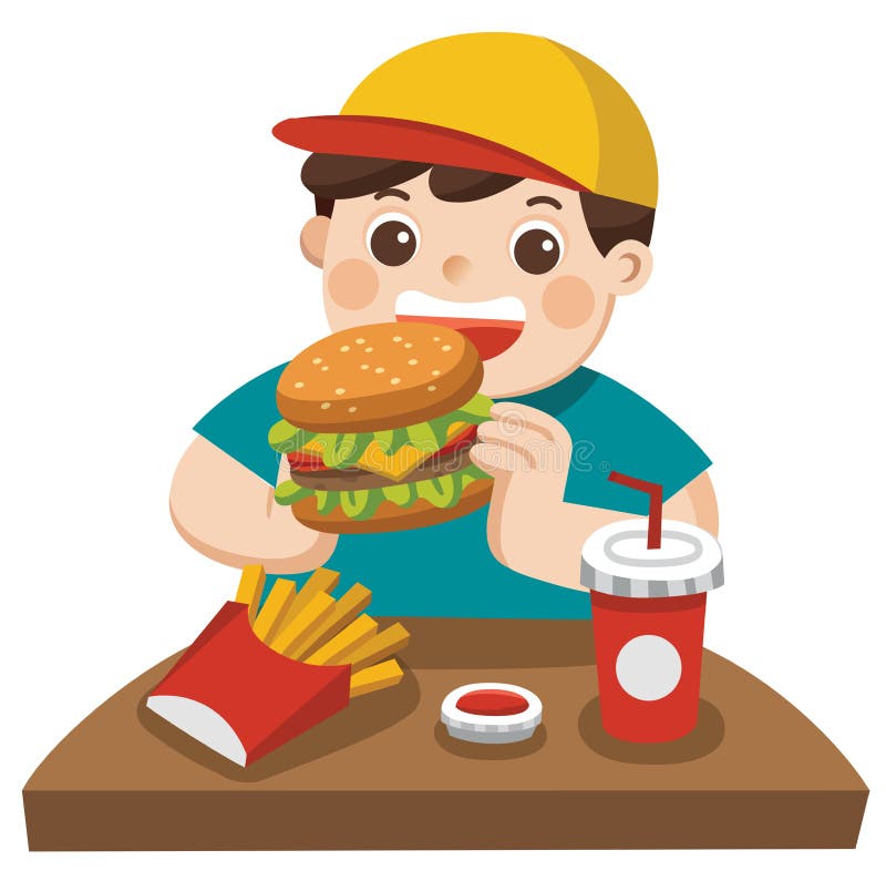 Un garçon mignon mangent l'hamburger avec des pommes frites, et la soude