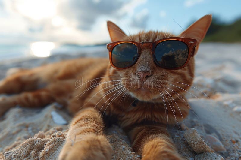 Un gato con gafas de sol gato en la playa con gafas de sol fotos de archivo