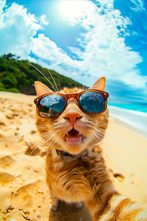 Un gato con gafas de sol en la playa foto de archivo