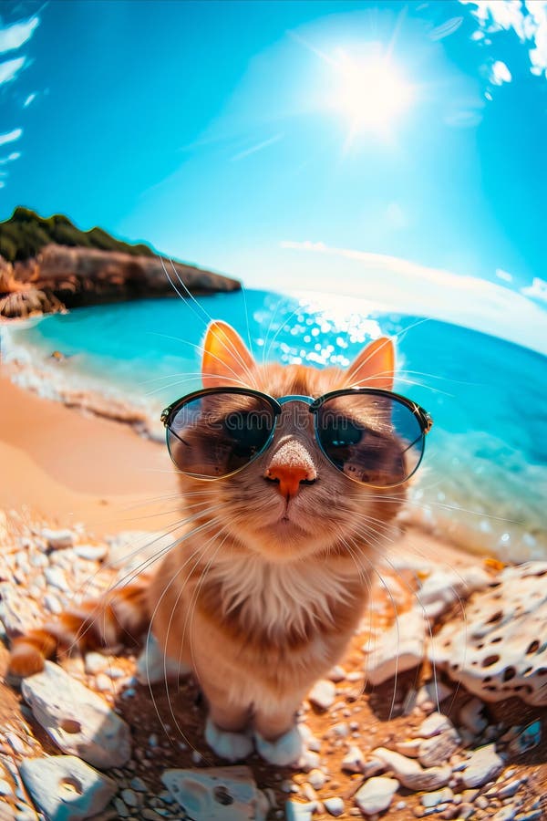 Un gato con gafas de sol en la playa imagen de archivo